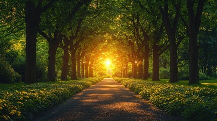 Fototapeta premium Golden Hour Pathway: A Serene Stroll Through Sun-Dappled Trees
