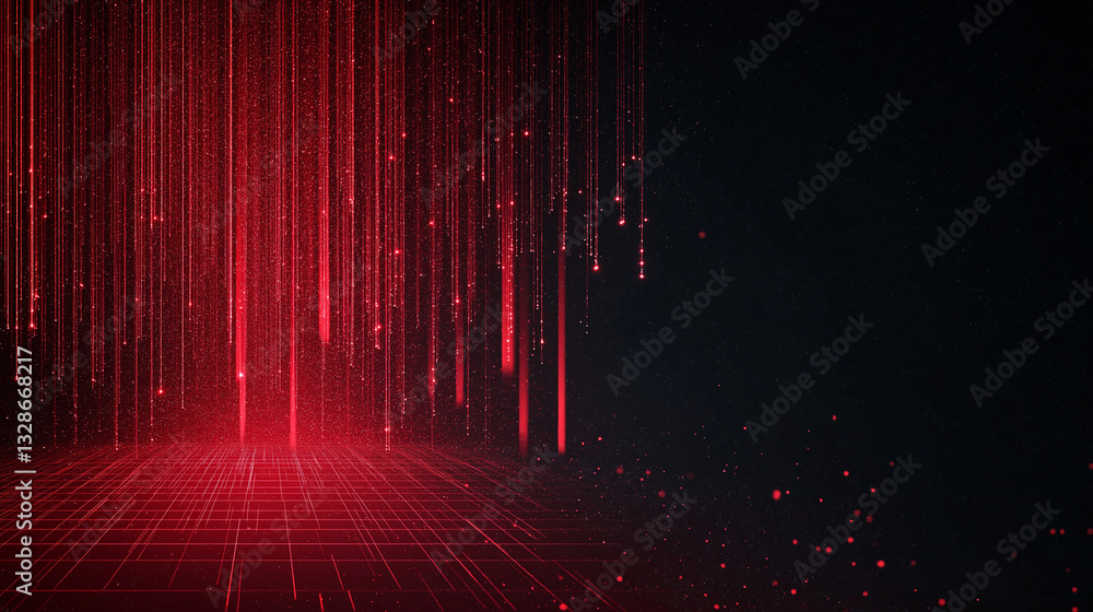 Poster digital rain: abstract red glowing lines cascade downwards, forming a vibrant display of technology 