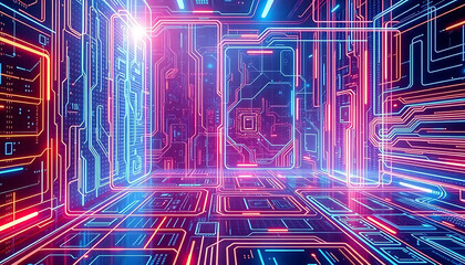 A clear abstract technology background featuring a circuit pattern with glowing blue, pink and orange neon lines.