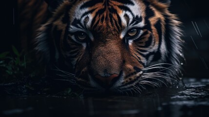 Fototapeta premium Tiger in Rain, Nocturnal, Dark Forest