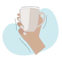 Hand holding a mug.Hand holding cup of hot drink. Coffee time, 