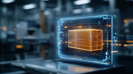 Holographic display showing live tracking feed of a logistics operation in a modern facility