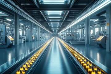 Obraz premium Modern Automated Factory Interior with Advanced Robotics and High-Tech Machinery in a Futuristic Industrial Setting