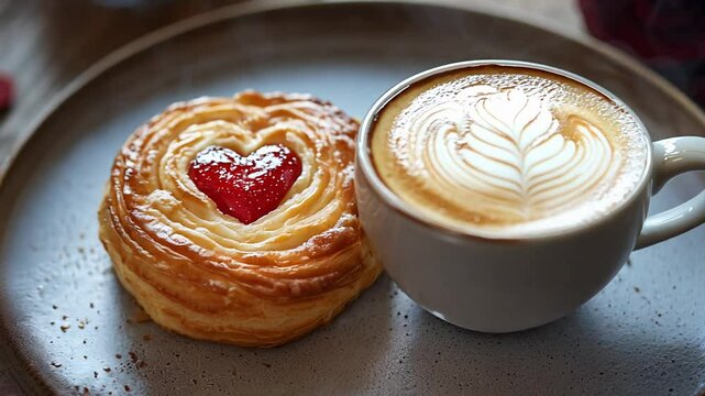 Sipping a heart-shaped latte accompanied by a sweet pastry, surrounded by blooming roses, captures a cozy morning ritual celebrating love and warmth.