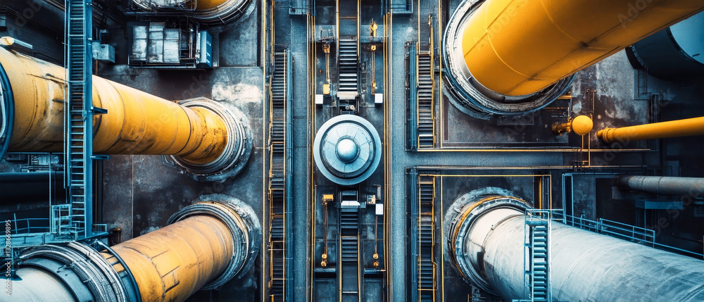Poster exploring intricate industrial pipeline system from above showcasing sleek design and functionality