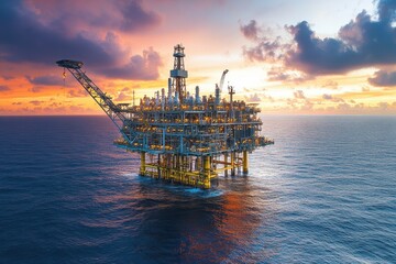 Offshore Oil Rig at Sunset with Dramatic Sky and Ocean Reflections Capturing Industrial Beauty and Energy Production