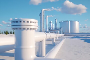 Obraz premium Industrial Pipelines Leading to a Large Storage Tank Under a Clear Blue Sky