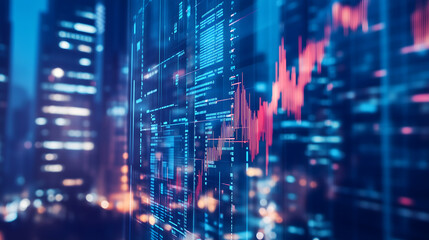 Multi exposure of virtual abstract financial graph interface on blurry contemporary office building background, financial and trading concept