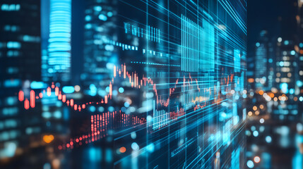 Multi exposure of virtual abstract financial graph interface on blurry contemporary office building background, financial and trading concept