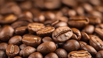 Fototapeta premium Close-up view of fresh fair trade coffee beans showcasing their rich texture and color