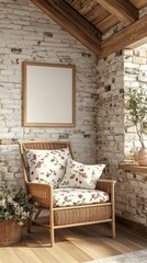 Rustic room corner with wicker chair, floral cushions, blank frame on white brick wall, plant, and sunlight.