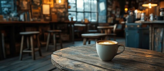 Fototapeta premium Cozy Rustic Coffee Shop Interior with Latte on Wooden Table in Warm Ambient Lighting