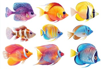 Naklejka premium Colorful marine fish illustrations ideal for underwater-themed decor and educational resources in ocean conservation and aquatic life programs