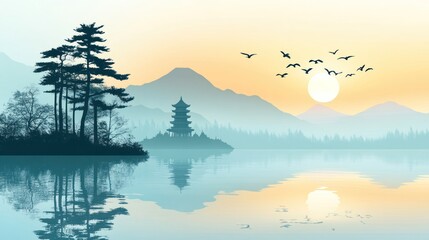 A serene lake scene features trees mountains and a pagoda