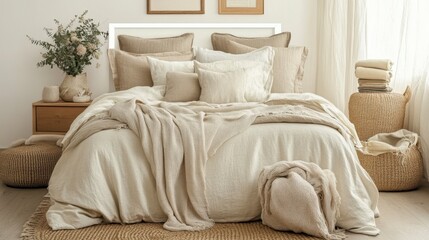 Neutral toned bedroom with linen bedding, textured throws, and woven baskets. Natural light illuminates the scene, creating a calm and serene atmosphere. 