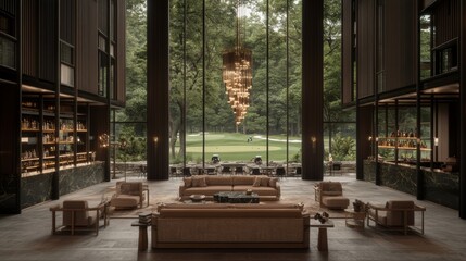 Luxury Hotel Lobby with Golf Course View and Chandelier