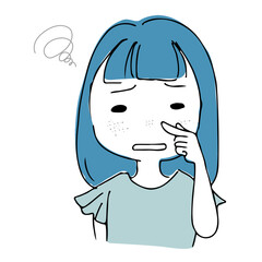 毛穴が目立つ肌にコンプレックスがあるアジア人女性の手書きイラスト