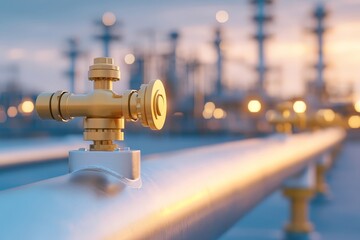 Close-up of a gold valve on a pipeline at sunset in an industrial setting