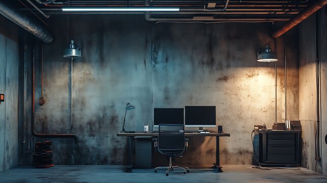 Workspace in Converted Industrial Basement with Desk and Computer Setup