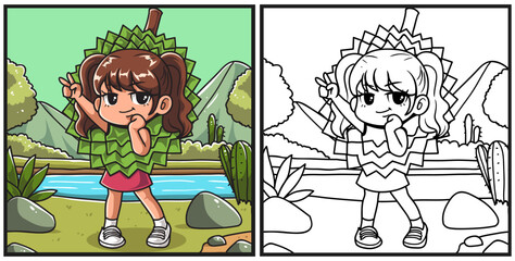 Girl character with durian costume coloring page illustration