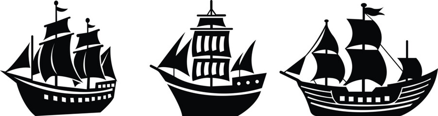 Pirate ship icon set.Historic sailing ship navigating through stormy ocean water.Ship silhouette line art illustration.