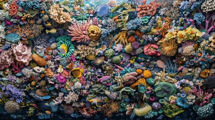 A breathtaking coral reef bursts with color, its intricate formations sheltering a kaleidoscope of marine life in an underwater masterpiece.