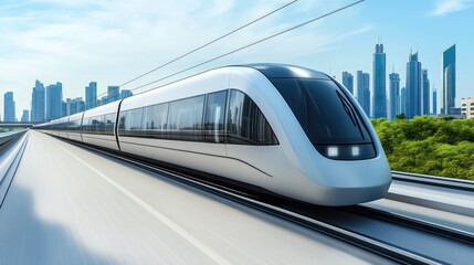 Naklejka premium Futuristic train glides through modern city skyline