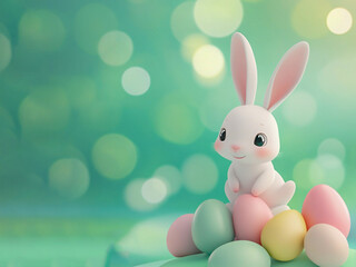 Fototapeta premium A charming bunny playfully sits atop a mound of colorful pastel eggs, creating a whimsical atmosphere perfect for celebrating Easter. The soft green background enhances the festive spirit