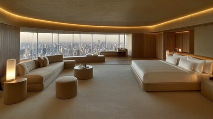 Modern Beige Hotel Suite with Panoramic City View