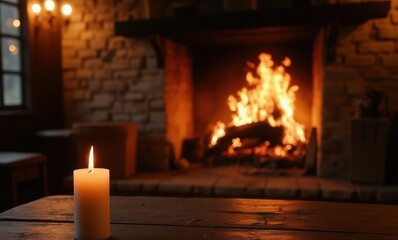 Warm candlelit evening by the fireplace