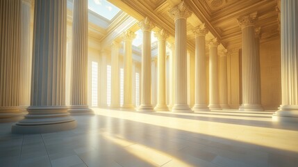 Fototapeta premium Majestic sunlit temple interior ancient structure architectural photography serene atmosphere wide angle view