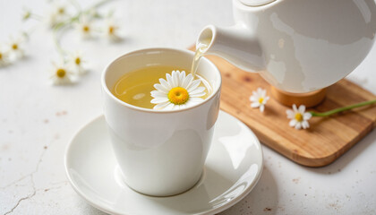 Cup of chamomile tea with teapot and chamomile flowers on white background