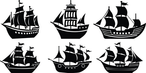 Pirate ship icon set.Historic sailing ship navigating through stormy ocean water.Ship silhouette line art illustration.