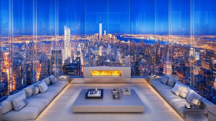 Modern Apartment Night Cityscape View with Fireplace