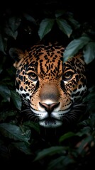 Majestic jaguar gazes through lush jungle foliage in stunning close-up capturing nature’s raw beauty