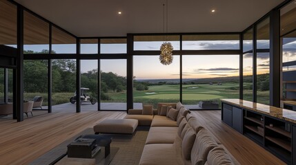 Fototapeta premium Modern Living Room with Golf Course Sunset View