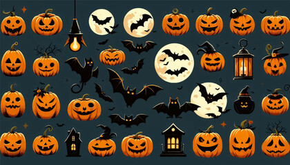 halloween pumkins and bat collection vector illustration