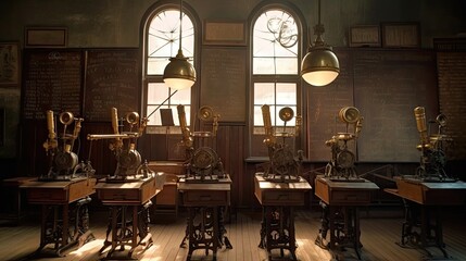Antique classroom with vintage machinery