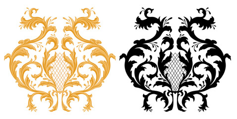 Vector set of golden and black vintage floral elements. Baroque collection of floral flourish isolated from background. Luxury filigree floral clip arts for cards and stickers