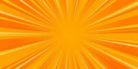 Bright orange-yellow gradient abstract background. Orange comic sun rays effect background with halftone. Suitable for templates, sale banners, events, ads, websites, flyers.