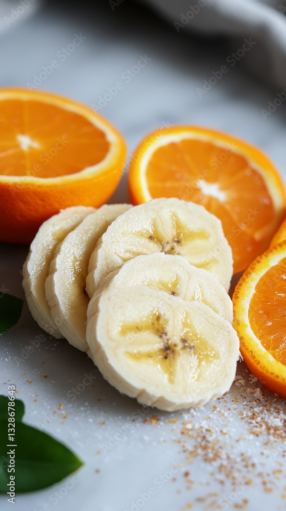 Poster close up of sliced bananas and oranges on a gray surface with green leaves and a sprinkle of sugar o