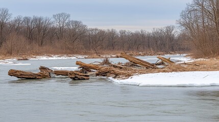 Riverbank scene with fallen logs nature reserve photography winter landscape serene overview tranquility