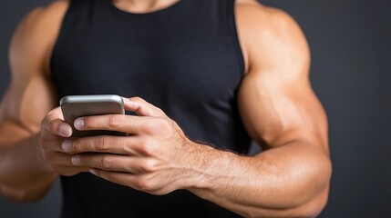 Man using smartphone gym setting fitness enthusiast indoor environment close-up view technology and lifestyle concept