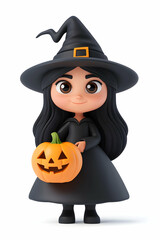 Adorable cartoon witch holding a jack-o'-lantern