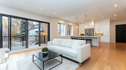 Open concept living room with a white corner sofa