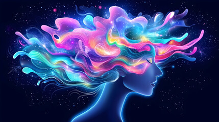 Cosmic woman profile with vibrant, flowing, nebula-like hair against a dark, starry background