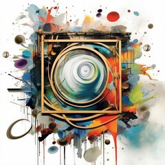 Abstract art piece with a central vortex, framed by a geometric square and surrounded by vibrant splatters of color