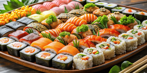 Sushi Platter: A delectable array of fresh sushi and rolls, meticulously arranged on a wooden tray, showcasing the vibrant colors and textures of the ingredients.AI Generated