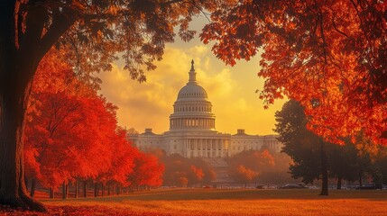Obraz premium Autumn sunset at the u.S. Capitol washington d.C. Scenic landscape vibrant colors tranquil environment