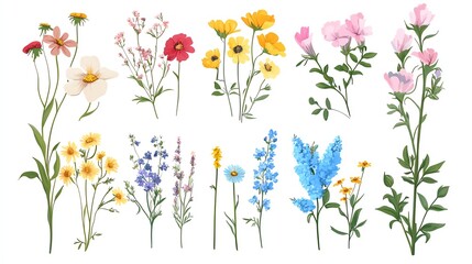 Set of different beautiful flowers on white background